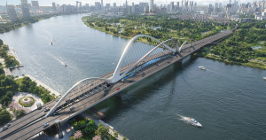 Phối cảnh cầu Thủ Thiêm 4 nhìn từ trên cao với hệ mái vòm bắc qua sông Sài Gòn gần khu The Metronas Thủ Thiêm
