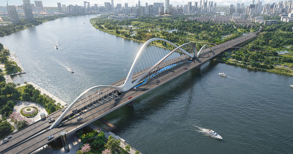 Phối cảnh cầu Thủ Thiêm 4 nhìn từ trên cao với hệ mái vòm bắc qua sông Sài Gòn gần khu The Metronas Thủ Thiêm
